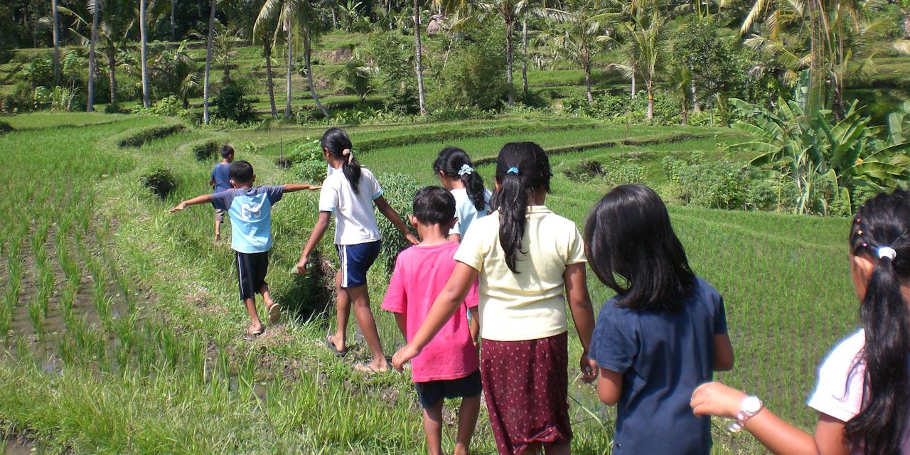 Kinderen met een beperking lopen door een rijstveld in Bali.