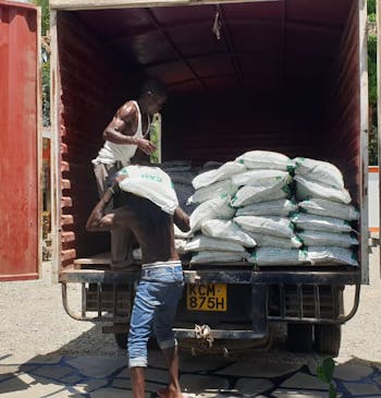 Zaken met zaden worden door twee mannen uit een vrachtwagen geladen in Kenia.