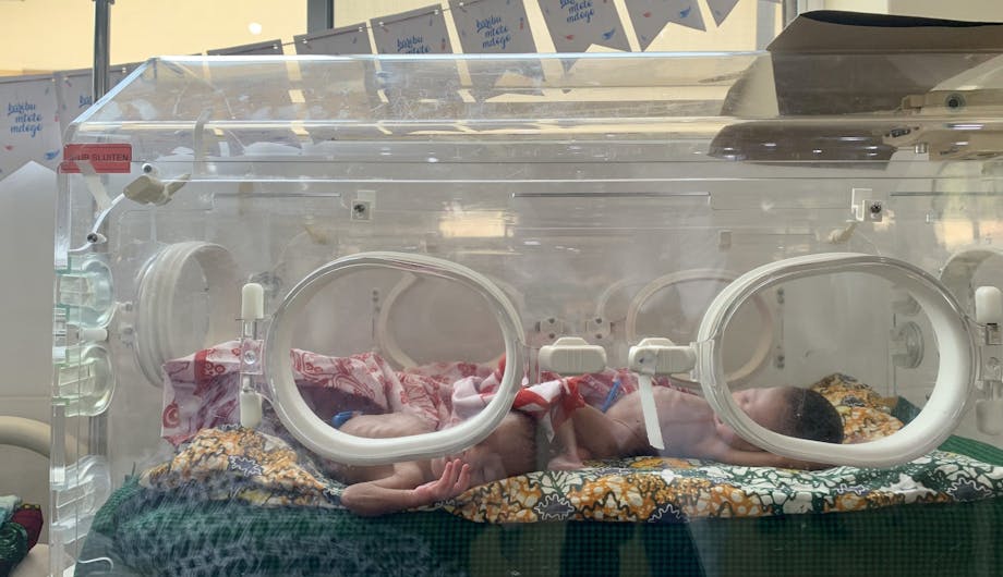 Twee baby's in een couveuse. Op de achtergrond een slinger met Wilde Ganzen kaartjes.