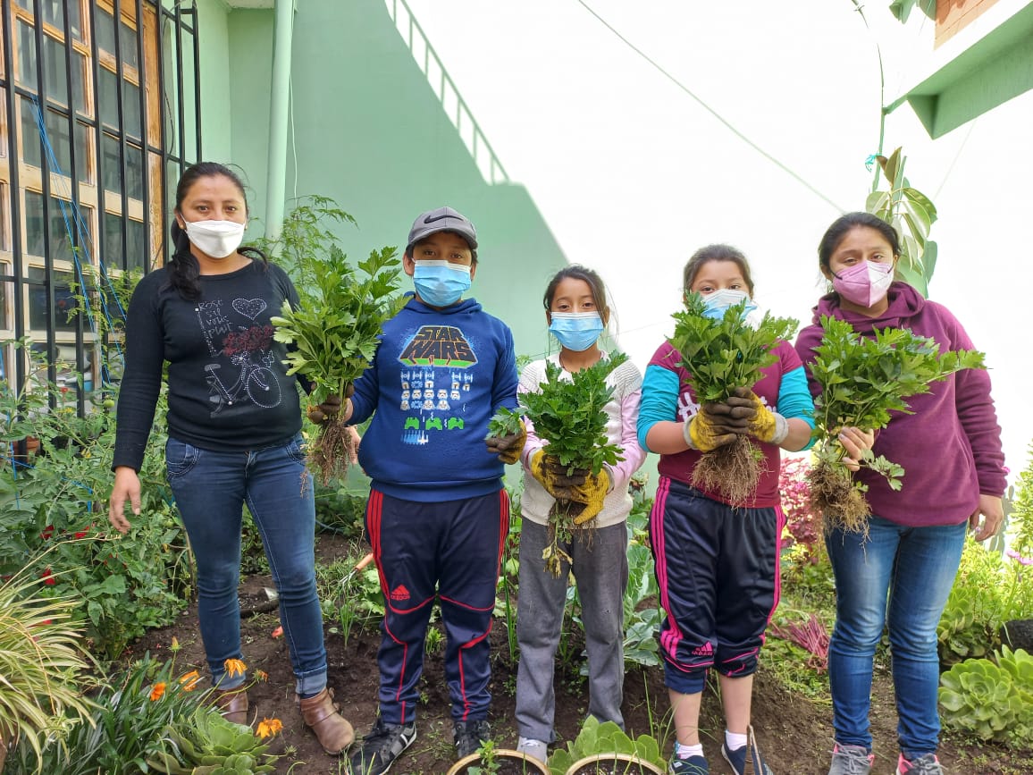 Vijf jonge kinderen in de moestuin van hun school in Guatemala.