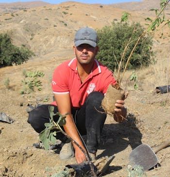 Een Marokkaanse boer plant een boom.