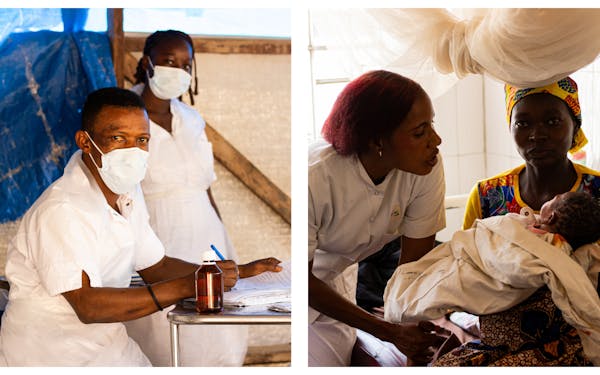 Op de eerste foto staan twee mensen in zorgkleding kijken naar de camera.