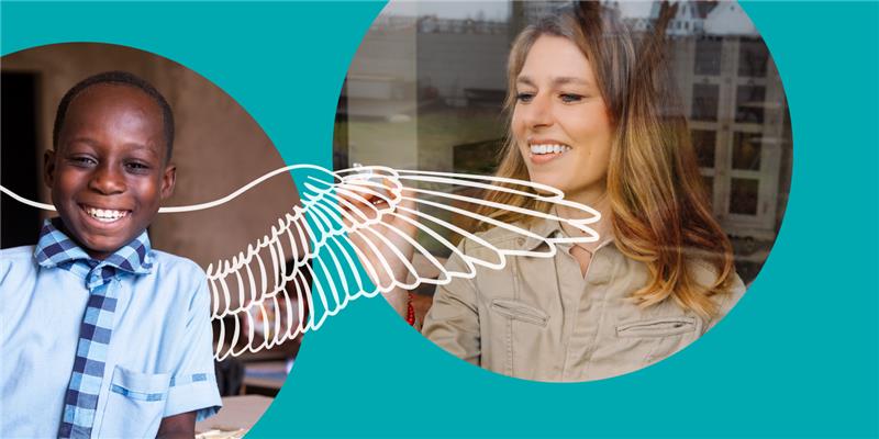 Een foto van een jongen in school uniform en een vrouw die vleugels tekent op een raam.